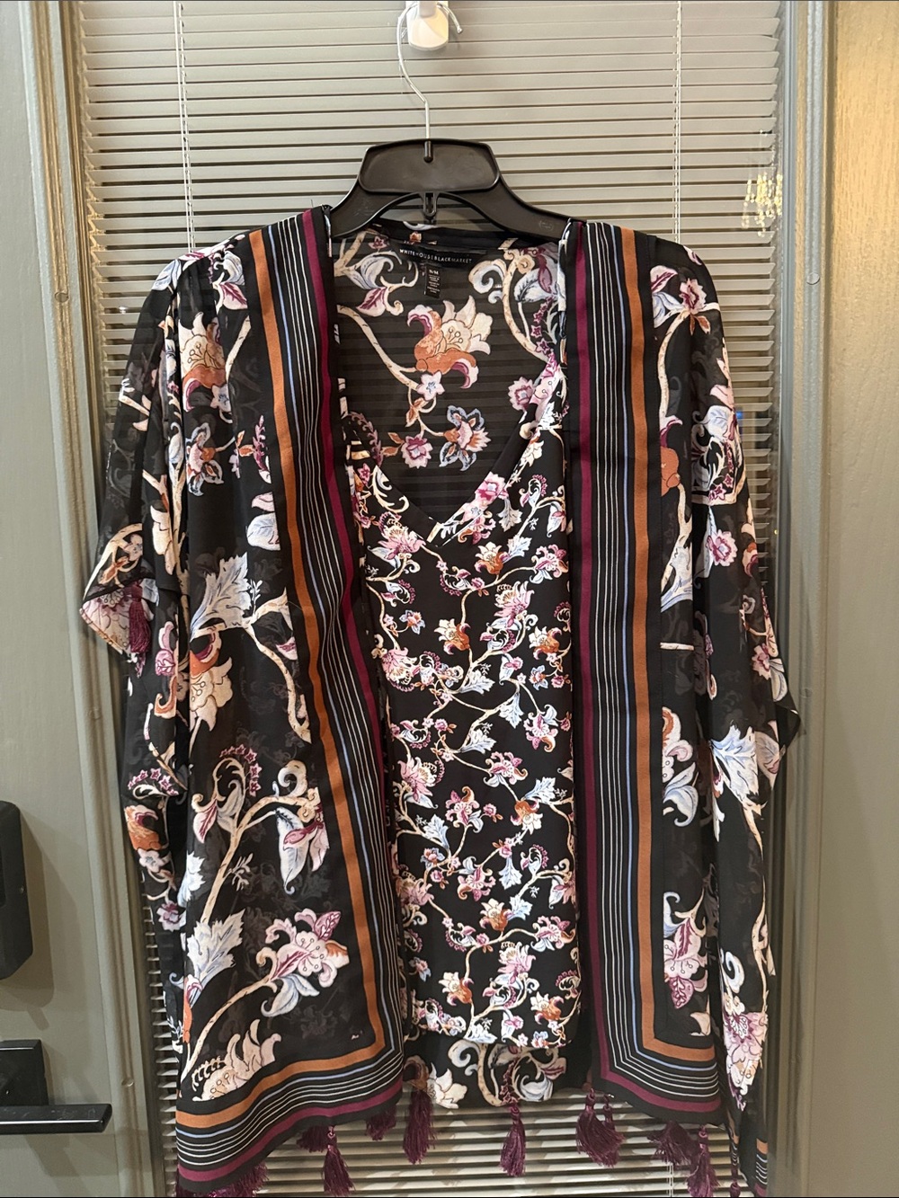 Floral Black Kimono Cardigan with Tassels
